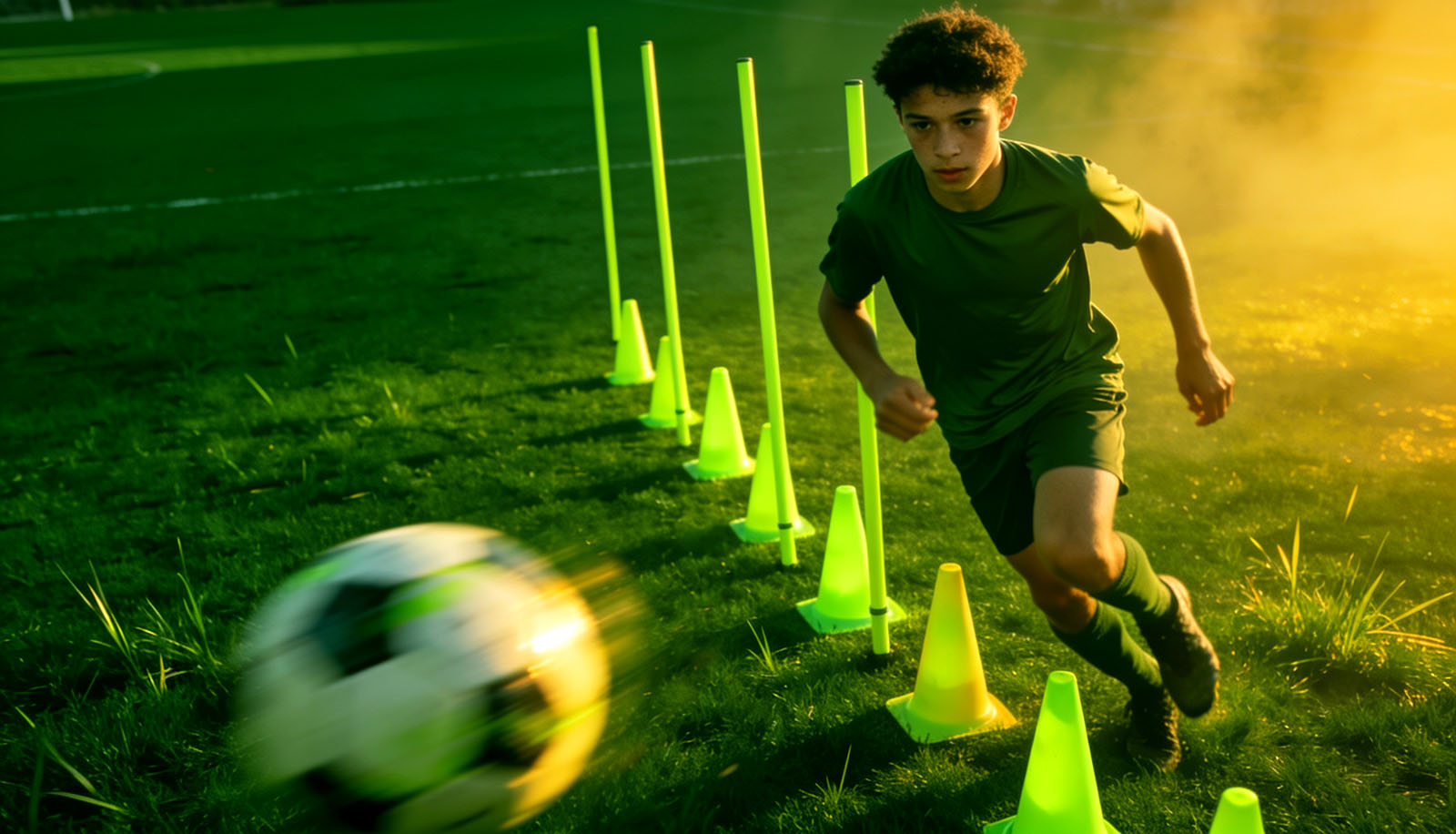 Teenage footballer dribbling through lime training cones at golden hour