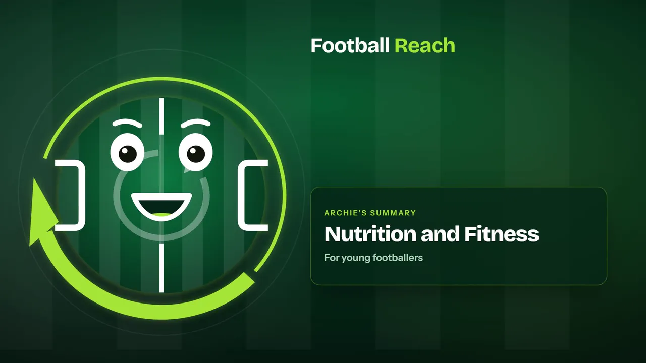 Archie, the Football Reach guide, with the title card of his summary of Nutrition and Fitness for Young Footballers Aiming Pro